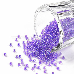 11/0 Grade A Round Glass Seed Beads, Transparent Inside Colours, AB Color Plated, Medium Purple, 2.3x1.5mm, Hole: 1mm, about 48500pcs/pound(SEED-N001-E-445)