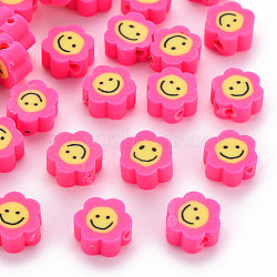 Handmade Polymer Clay Beads, Flower with Smiling Face, Deep Pink, 9~10x8~9x4~5mm, Hole: 1.4~1.6mm(CLAY-N011-011D)