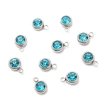 201 Stainless Steel Rhinestone Charms, December Birthstone Charms, Flat Round, Stainless Steel Color, Aquamarine, 8.5x6x3mm, Hole: 1.5mm