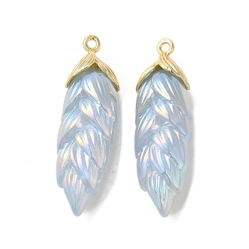 Rainbow Iridescent Plating Resin Pendants, Glitter Leaf Charms with Golden Plated Alloy Findings, Light Steel Blue, 35x11x8mm, Hole: 1.6mm