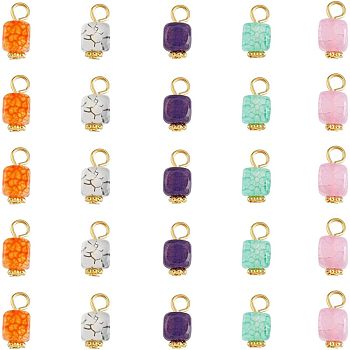 100Pcs 5 Colors Natural Agate Pendants, with Golden Plated Iron Findings, Dyed & Heated, Cube, Mixed Color, 14~16x7~8x6~7.5mm, Hole: 2~4mm, 20pcs/color