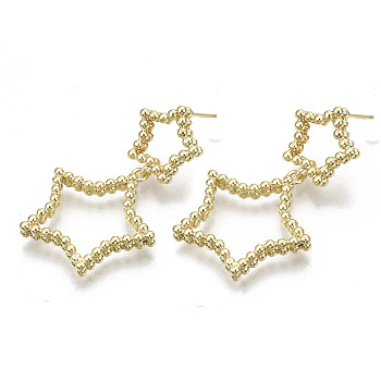 Brass Dangle Stud Earring, with Stainless Steel Pins, Nickel Free, Star, Real 18K Gold Plated, 39x24mm, Pin: 0.7mm