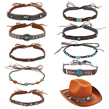 9Pcs 9 Styles Velvet & Imitation Leather Hat Belt, Plastic Imitation Turquoise & Alloy Hat Band for Hat Accessories, Mixed Color, 500~1410x2.5~3x8~10.5mm, 1pc/style