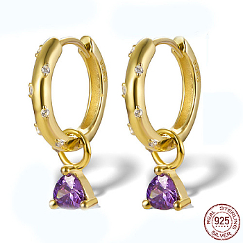 Real 18K Gold Plated 925 Sterling Silver Rhinestone Dangle Hoop Earrings, Triangle, with S925 Stamp, Amethyst, 20x4mm