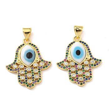 Brass Cubic Zirconia Pendants, with Lampwork, Real 18K Gold Plated, Hamsa Hand Charm, White, 24x20.5x4mm, Hole: 5x3.5mm