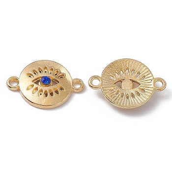 Alloy Connector Charms, with Rhinestones, Flat Round Links with Eye, Golden, Capri Blue, 13x19x3mm, Hole: 1.4mm