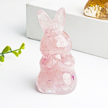 Resin Rabbit Display Decoration, with Sequins Natural Rose Quartz Chips inside Statues for Home Office Decorations, 40x40x73mm