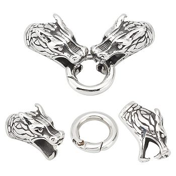 2 Sets Tibetan Style 304 Stainless Steel Spring Gate Rings, O Rings, with Two Cord End Caps, Dragon Head, Antique Silver, Cord End: 50x10x13mm, Hole: 6mm, Ring: 9mm inner diameter