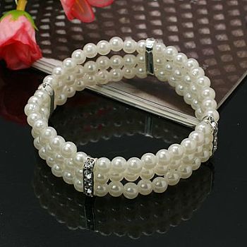 Wedding Bracelets, Acrylic Pearl Bracelets, with Brass Rhinestone Bead Spacers, Stretchy, White, 63mm