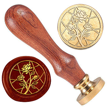 Wax Seal Stamp Set, Golden Tone Brass Sealing Wax Stamp Head, with Wood Handle, for Envelopes Invitations, Flower, 83x22mm, Stamps: 25x14.5mm