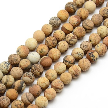 Frosted Natural Picture Jasper Round Bead Strands, 8mm, Hole: 1mm, about 47~49pcs/strand, 14.9~15.6 inch