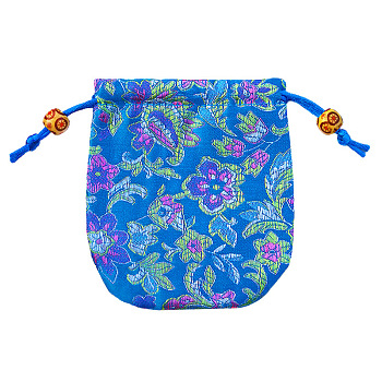 Chinese Style Flower Pattern Satin Jewelry Packing Pouches, Drawstring Gift Bags, Rectangle, Dodger Blue, 10.5x10.5cm