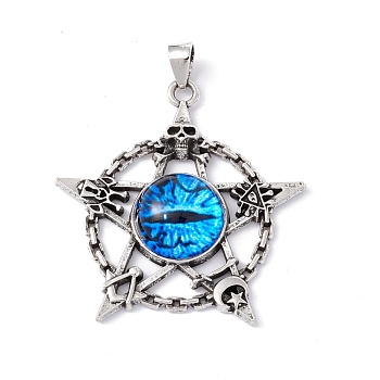 Glass Pendants, with Antique Silver Plated Alloy Findings, Star with Evil Eye, Dodger Blue, 47x44x9mm, Hole: 7x4mm