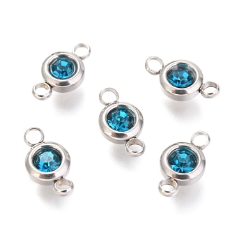 304 Stainless Steel Rhinestone Links Connectors, Flat Round, Stainless Steel Color, Blue Zircon, 12x6.5x4mm, Hole: 2mm