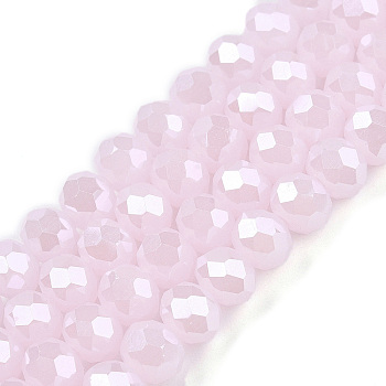 Electroplate Glass Beads Strands, Imitation Jade Beads, Pearl Luster Plated, Faceted, Rondelle, Pink, 6x5mm, Hole: 1mm, about 84~85pcs/strand, 16.34~16.54 inch(41.5~42cm)