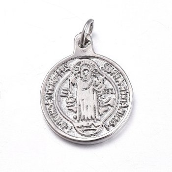 Brass Pendants, with Jump Rings, Flat Round with Saint Benedict Medal, Platinum, 18.5x15x2mm, Hole: 3.6mm