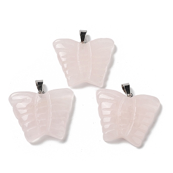 Natural Rose Quartz Carved Pendants, Butterfly Charms with Platinum Plated Brass Snap on Bails, 30x35.5x7mm, Hole: 7x4.5mm