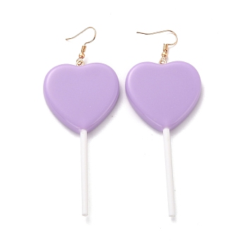 Heart-shape Lollipop Dangle Earrings for Women, Candy Color Simulation Food Drop Earrings, Golden, Lilac, 97~99mm, Pin: 0.5mm