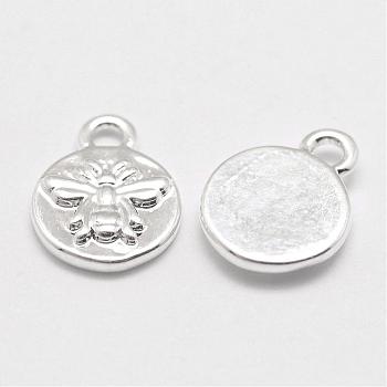 Brass Charms, Cadmium Free & Nickel Free & Lead Free, Flat Round with Bee, Real Platinum Plated, 10x8x1.5mm, Hole: 1mm