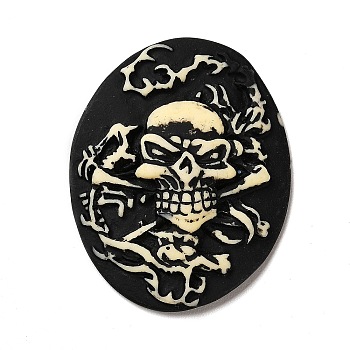 Halloween Opaque Resin Cabochons, Oval with Skull, Black, 37.5x29x7mm