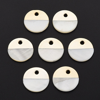Natural Freshwater Shell Charms, with UV Plated, Falt Round, Light Gold, 15x1.5mm, Hole: 2mm