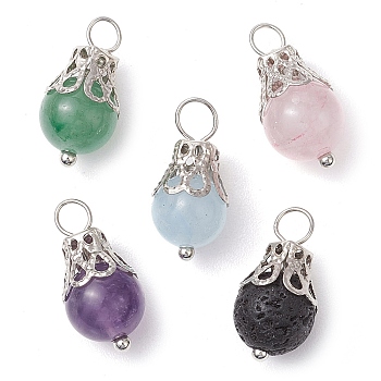 Natural Green Aventurine/Amethyst/Rose Quartz/Lava Rock/Quartz Round Pendants, with Iron Findings, Platinum, 17x8.5mm, Hole: 3mm