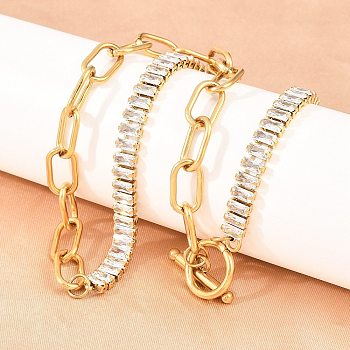 304 Stainless Steel Pave Clear Cubic Zirconia Tennis Chain Paperclip Chain Necklaces with OT Clasps, Ion Plating(IP), Golden, 15.75 inch(40cm)