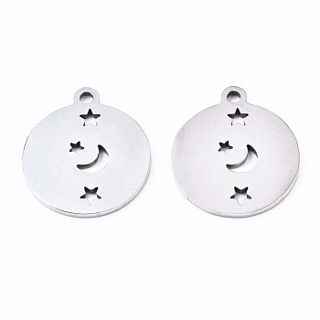 201 Stainless Steel Pendants, Laser Cut Pendants, Flat Round with Moon & Star, Stainless Steel Color, 15.5x13.5x1mm, Hole: 1.4mm