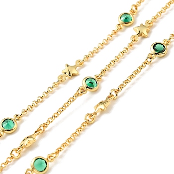 Rack Plating Brass Star & Flat Round Link Chains, with Green Cubic Zirconia Beaded, Unwelded, with Spool, Cadmium Free & Nickel Free & Lead Free, Real 18K Gold Plated, 9x5x2mm, 10x5x2mm