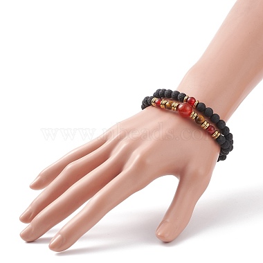 2Pcs 2 Style Synthetic Lava Rock & Natural Red Agate Carnelian(Dyed & Heated) & Tiger Eye Beaded Stretch Bracelets Set(BJEW-JB08698)-3