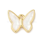 Rack Plating Brass & Shell Butterfly Charms with Epoxy Resin, Long-lasting Plated, Cadmium Free & Lead Free, Real 18K Gold Plated, White, 8.5x10x2mm, Hole: 1mm(KK-K380-02G-01)