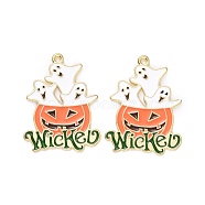 Halloween Alloy Enamel Pendant, Pumpkin Jack-O'-Lantern with Ghost, Light Gold, 28.5x22x1mm, Hole: 1.4mm(ENAM-B047-07LG)