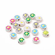 Alloy Enamel Beads, Silver, Flat Round with Flower, Mixed Color, 8x4mm, Hole: 1~1.2mm(ENAM-K067-03)