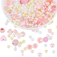 HOBBIESAY Acrylic Beads, with ABS Plastic Imitation Pearl Beads, Pink, Mixed Color, 3~28x3~20x3~11mm, Hole: 1~5mm(SACR-HY0001-07)