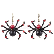 Glass Dangle Earrings, with Natural Obsidian Beads and 304 Stainless Steel Earring Hooks, Spider, For Halloween, Golden, 42.5x43mm(EJEW-JE05984)