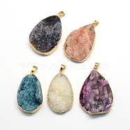 Plated Natural Drusy Agate Teardrop Pendants, with Golden Tone Brass Findings, 42~56x24~33x6~19mm, Hole: 6x5mm(G-R275-15)