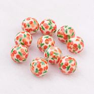 Spray Painted Resin Beads, with Cherry Pattern, Round, Orange, 10mm, Hole: 2mm(GLAA-F049-A14)