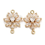 Brass Pave Clear Cubic Zirconia Connector Charms, Flower Links, Real 18K Gold Plated, 19.5x15x5mm, Hole: 1.5mm and 1.2mm(KK-Q789-06G)