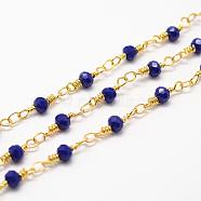 Handmade Glass Beaded Chains, with Spool, Unwelded, Faceted Rondelle, Imitation Jade, with Brass Findings, Golden, Prussian Blue, 4mm, about 32.8 Feet(10m)/roll(CHC-G311-B03)