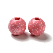 Halloween Printed Spider Webs Colored Wood European Beads, Large Hole Beads, Round, Pink, 16mm, Hole: 4mm(WOOD-K007-04A)
