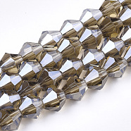Electroplate Glass Beads Strands, Pearl Luster Plated, Faceted, Bicone, Dark Khaki, 6x5.5~6mm, Hole: 1mm, about 44~47pcs/strand, 24.5~25cm(EGLA-Q118-6mm-A06)