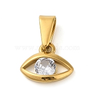 304 Stainless Steel Micro Pave Cubic Zirconia Pendants, Eye, Golden, 10.5x12.5x3mm, Hole: 7.8x3.5mm(STAS-R229-27G)