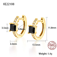 Real 18K Gold Plated 925 Sterling Silver Hoop Earrings, Square Cubic Zirconia Earrings, with S925 Stamp, Black, 11.8x13.5mm(ZC1005-2)