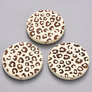 Painted Natural Wood Beads, Laser Engraved Pattern, Flat Round with Leopard Print, Creamy White, 30x5mm, Hole: 1.6mm(WOOD-N006-07E)