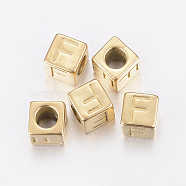 304 Stainless Steel Large Hole Letter European Beads, Horizontal Hole, Cube with Letter.F, Golden, 8x8x8mm, Hole: 5mm(STAS-H428-01G-F)