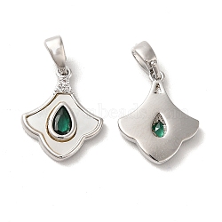 Brass Cubic Zirconia Pendants, with Shell, Ginkgo Leaf with Teardrop Pattern, Platinum, 15x12x2mm, Hole: 2x4.8mm(KK-M243-44P)