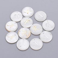 Freshwater Shell Pendants, Covered with Iron Findings, Flat Round with Initial Letter, Mixed Color, Random Mixed Letters, 20x3mm, Hole: 1.5mm(SHEL-Q018-01)