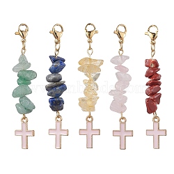 5Pcs 5 Style Natural Mixed Gemstone Chips & Alloy Enamel Cross Pendant Decorations, 59~61mm, 1Pc/style(HJEW-JM01793-S)