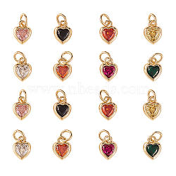 16Pcs 8 Colors Brass inlaid Cubic Zirconia Pendants, with Jump Ring, Long-Lasting Plated, Heart, Golden, Mixed Color, 9.5x7x3mm, Hole: 3.6mm, 2pcs/color(ZIRC-CJ0001-15)