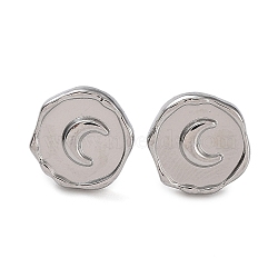 Tarnish Resistant 304 Stainless Steel Flat Round with Moon Ear Studs for Women, Stainless Steel Color, 13x12.5mm(EJEW-P234-15P)